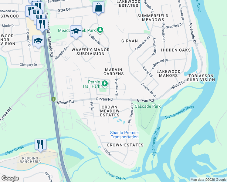 map of restaurants, bars, coffee shops, grocery stores, and more near 7093 Hemlock Street in Redding