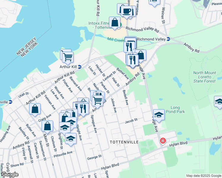 map of restaurants, bars, coffee shops, grocery stores, and more near 7167 Amboy Road in Staten Island