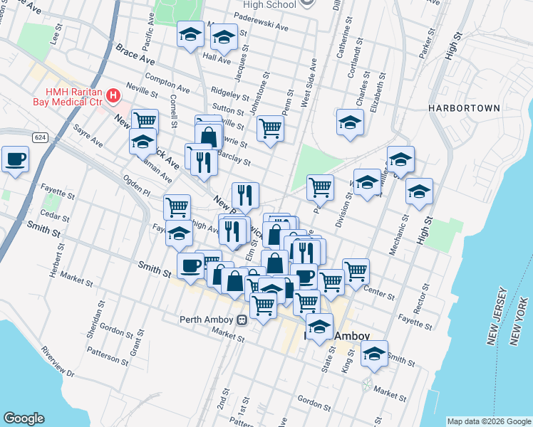 map of restaurants, bars, coffee shops, grocery stores, and more near 264-270 New Brunswick Avenue in Perth Amboy