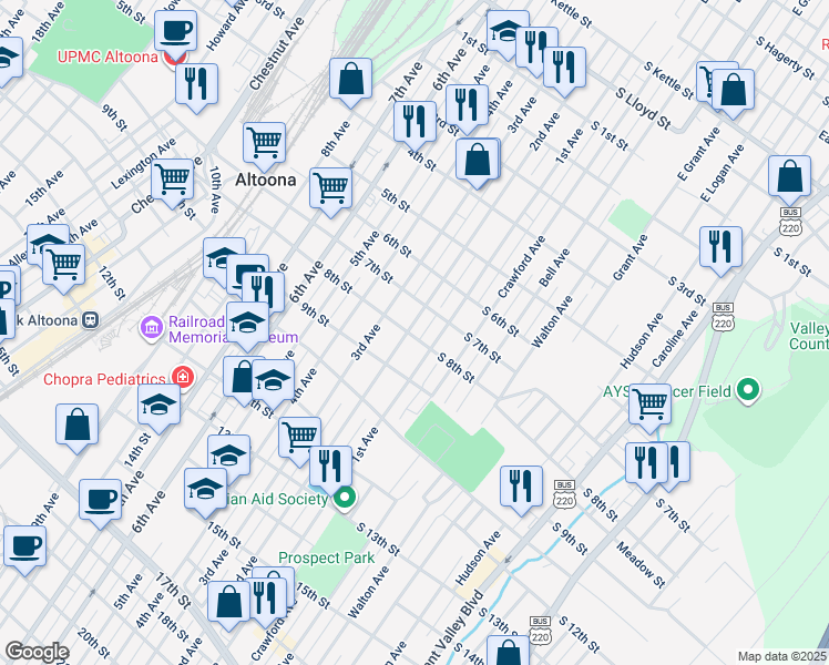 map of restaurants, bars, coffee shops, grocery stores, and more near 805 1st Avenue in Altoona