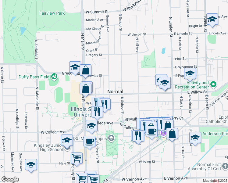 map of restaurants, bars, coffee shops, grocery stores, and more near in Normal