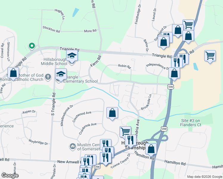 map of restaurants, bars, coffee shops, grocery stores, and more near 44 Meadowbrook Drive in Hillsborough Township
