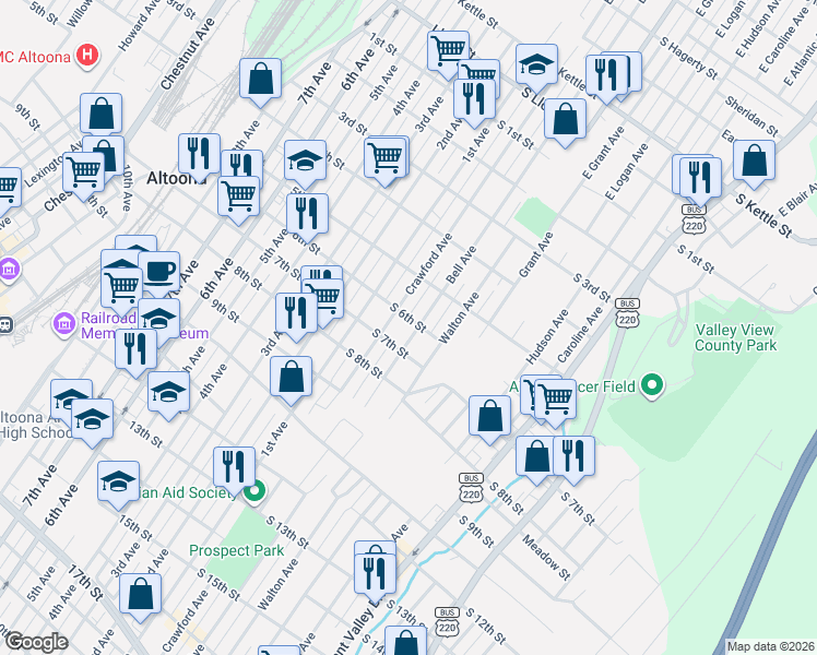 map of restaurants, bars, coffee shops, grocery stores, and more near 619 Bell Avenue in Altoona