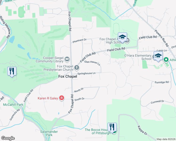 map of restaurants, bars, coffee shops, grocery stores, and more near 121 1/2 Springhouse Lane in Pittsburgh
