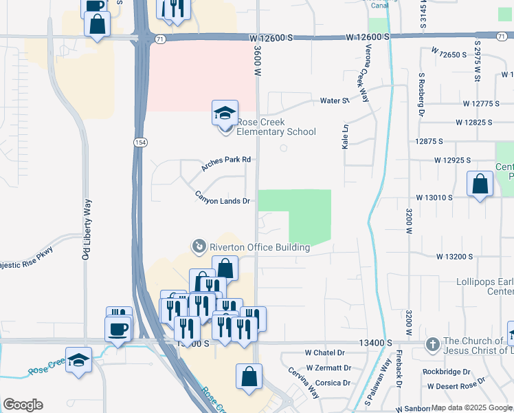 map of restaurants, bars, coffee shops, grocery stores, and more near 13100 3600 West in Riverton