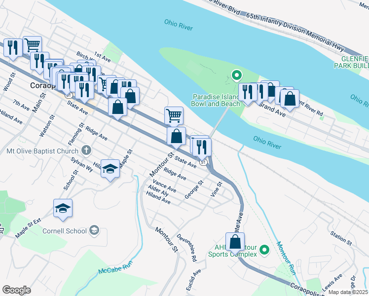 map of restaurants, bars, coffee shops, grocery stores, and more near 1516 State Avenue in Coraopolis