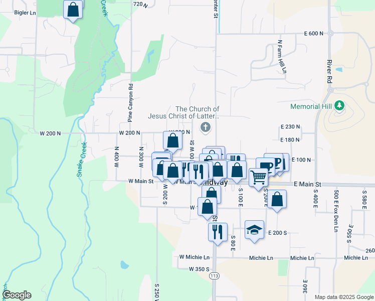 map of restaurants, bars, coffee shops, grocery stores, and more near 102 West 100 North in Heber City