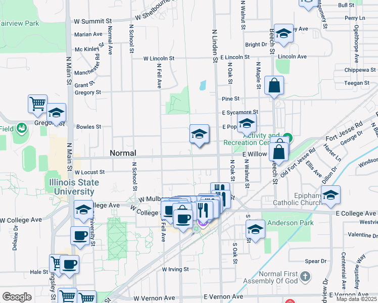 map of restaurants, bars, coffee shops, grocery stores, and more near 98 West Willow Street in Normal