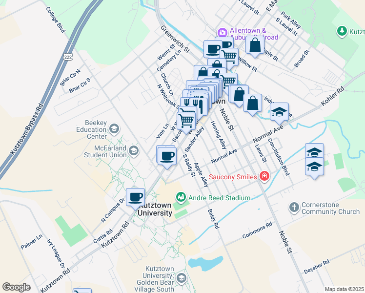 map of restaurants, bars, coffee shops, grocery stores, and more near 370 West Main Street in Kutztown