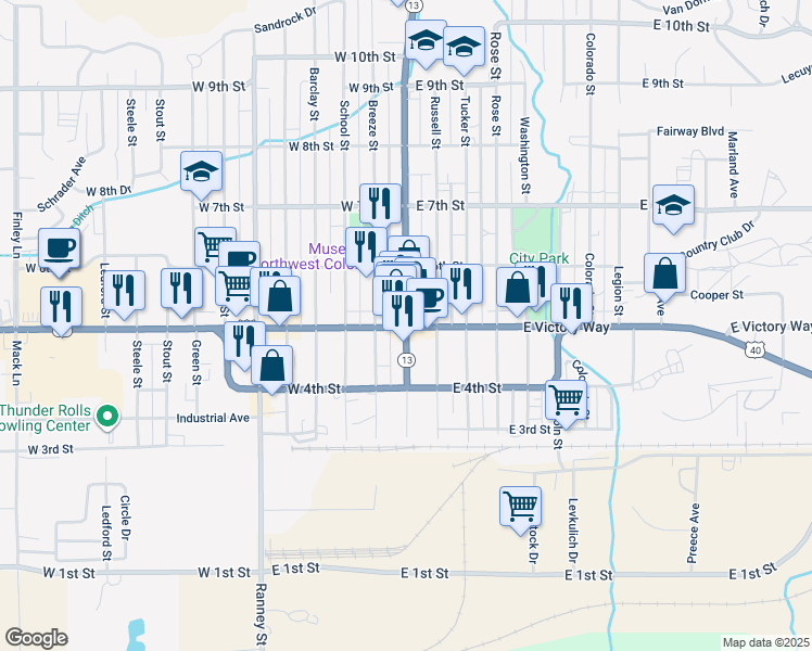 map of restaurants, bars, coffee shops, grocery stores, and more near 502 Yampa Avenue in Craig
