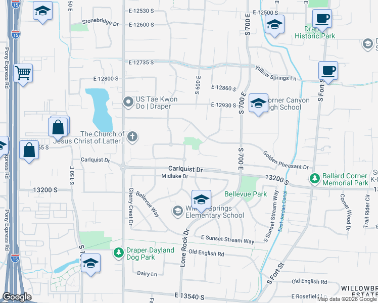 map of restaurants, bars, coffee shops, grocery stores, and more near 13063 Crystal Spring Drive in Draper