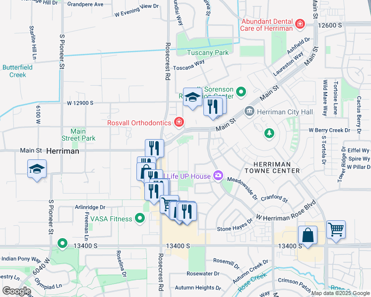 map of restaurants, bars, coffee shops, grocery stores, and more near Pioneer Park Drive in Herriman
