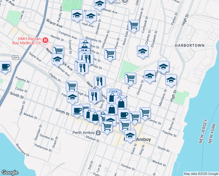 map of restaurants, bars, coffee shops, grocery stores, and more near 277 Washington Street in Perth Amboy