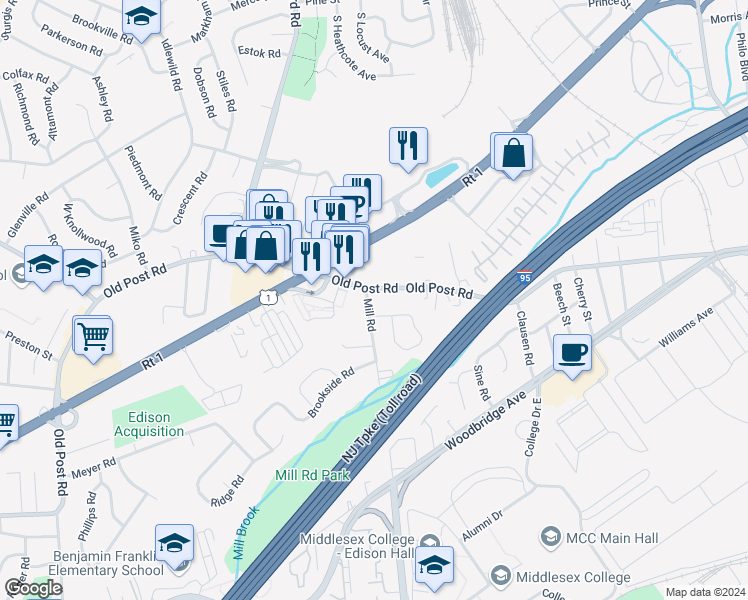 map of restaurants, bars, coffee shops, grocery stores, and more near 576 Old Post Road in Edison