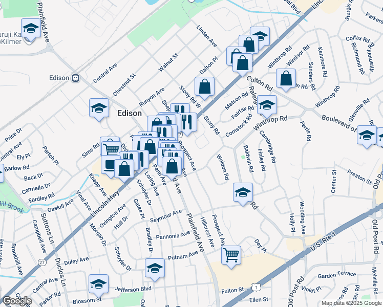 map of restaurants, bars, coffee shops, grocery stores, and more near 125 Prospect Avenue in Edison