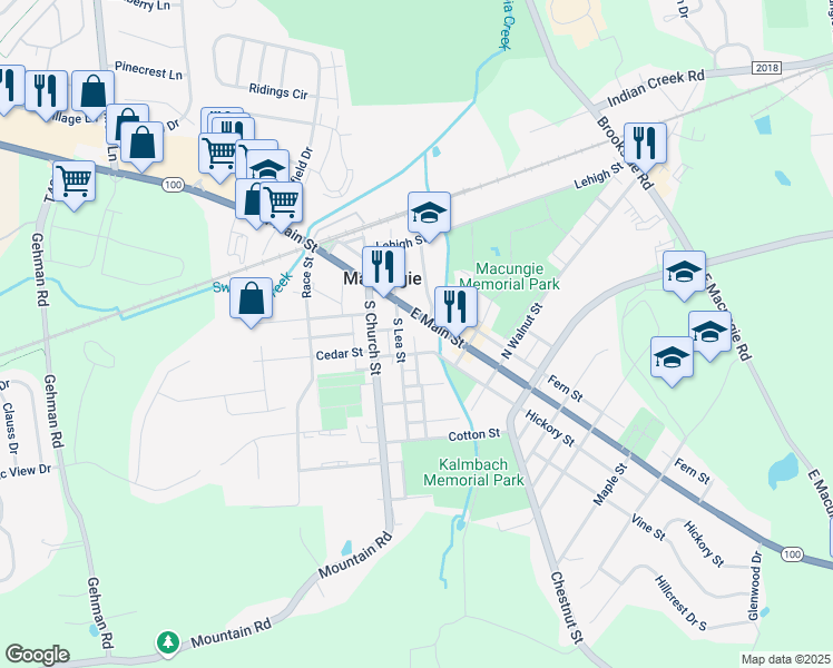 map of restaurants, bars, coffee shops, grocery stores, and more near 129 East Main Street in Macungie