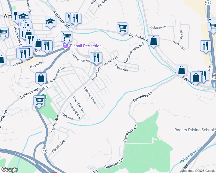 map of restaurants, bars, coffee shops, grocery stores, and more near 121 Hawthorne Avenue in West View