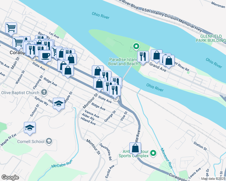 map of restaurants, bars, coffee shops, grocery stores, and more near in 