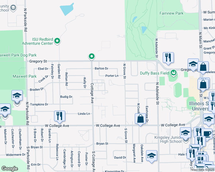 map of restaurants, bars, coffee shops, grocery stores, and more near 1011 Porter Lane in Normal
