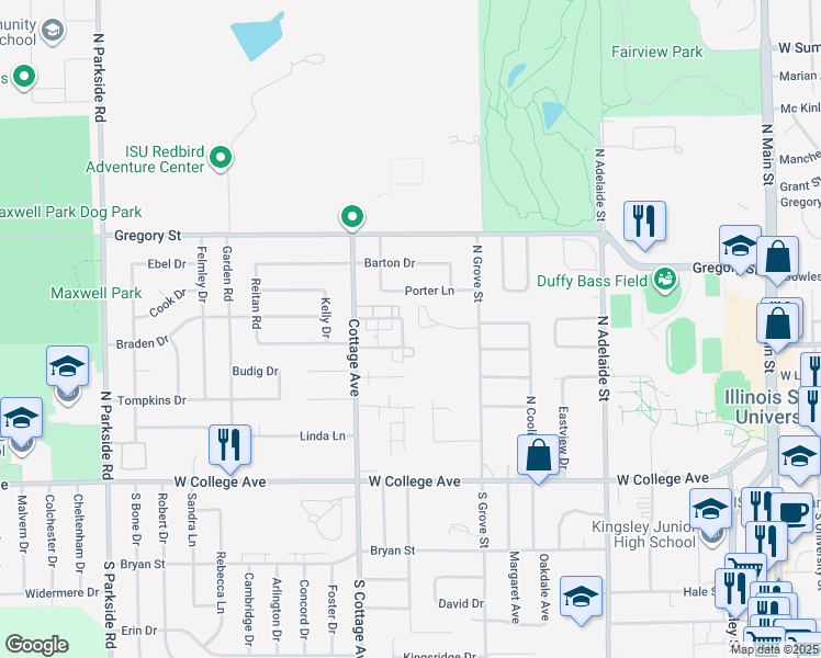 map of restaurants, bars, coffee shops, grocery stores, and more near 1011 Porter Lane in Normal