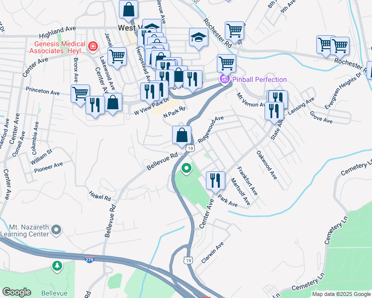 map of restaurants, bars, coffee shops, grocery stores, and more near 185 U.S. 19 in Pittsburgh