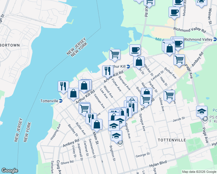 map of restaurants, bars, coffee shops, grocery stores, and more near 5279 Arthur Kill Road in Staten Island