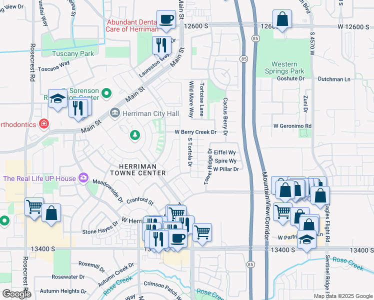 map of restaurants, bars, coffee shops, grocery stores, and more near 13054 South Tortola Drive in Herriman