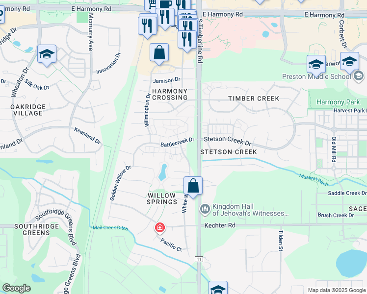 map of restaurants, bars, coffee shops, grocery stores, and more near 3 Battlecreek Drive in Fort Collins