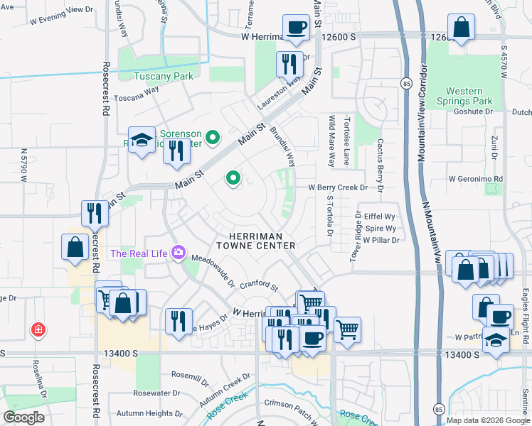 map of restaurants, bars, coffee shops, grocery stores, and more near 13057 Keegan Drive in Herriman