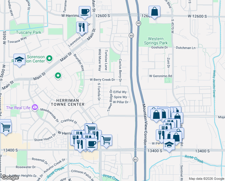map of restaurants, bars, coffee shops, grocery stores, and more near 4928 Eiffel Way in Herriman