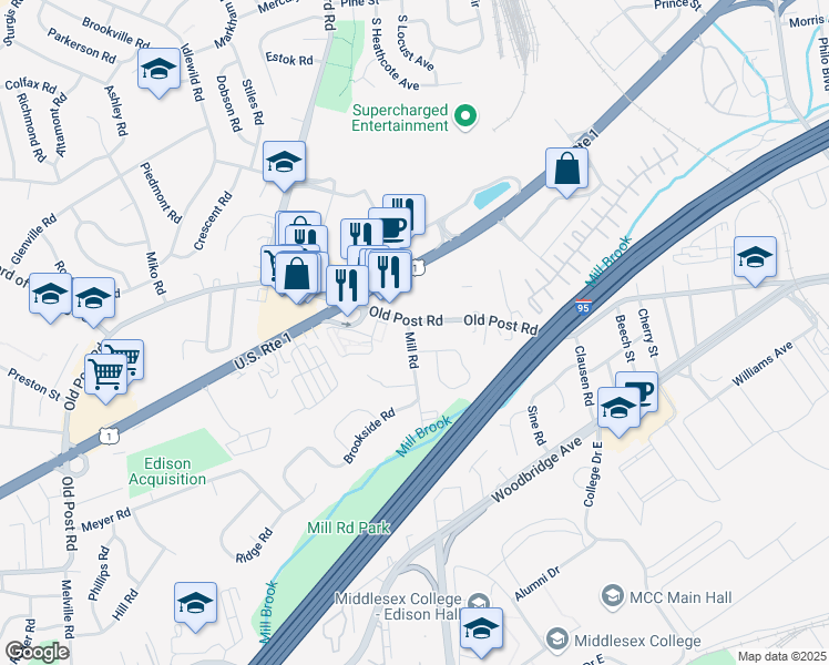 map of restaurants, bars, coffee shops, grocery stores, and more near 562 Old Post Road in Edison