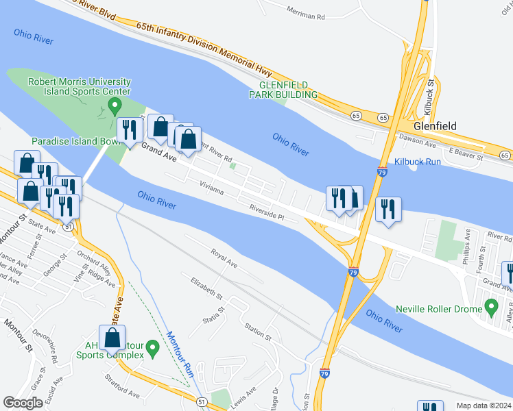 map of restaurants, bars, coffee shops, grocery stores, and more near 35 Riverside Place in Pittsburgh
