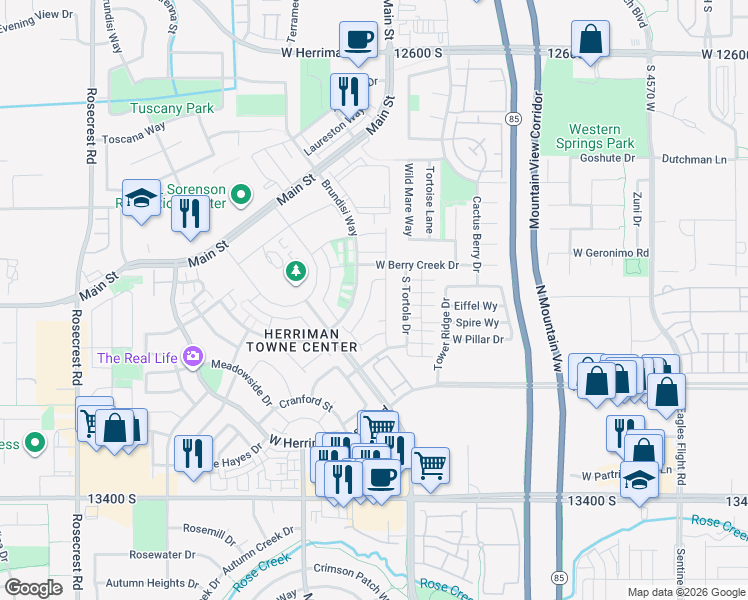map of restaurants, bars, coffee shops, grocery stores, and more near 13059 Bilston Lane in Herriman