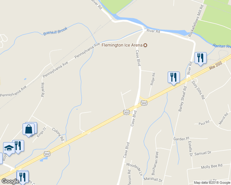 map of restaurants, bars, coffee shops, grocery stores, and more near 13 Mill Brook Road in Flemington