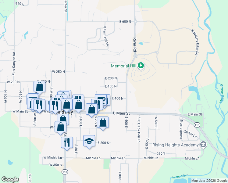map of restaurants, bars, coffee shops, grocery stores, and more near 146 North 300 East in Midway