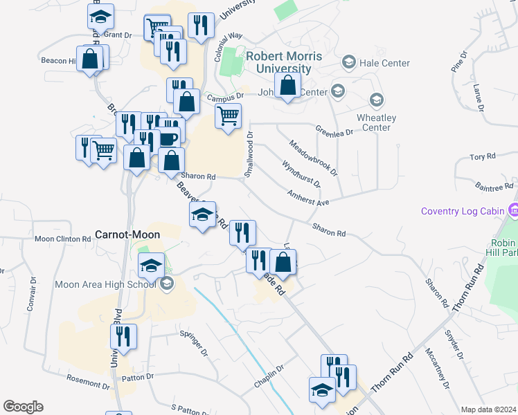 map of restaurants, bars, coffee shops, grocery stores, and more near 410 Sharon Road in Moon