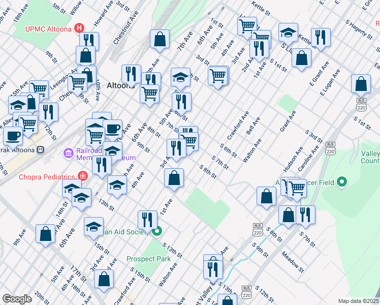 map of restaurants, bars, coffee shops, grocery stores, and more near 717 2nd Avenue in Altoona