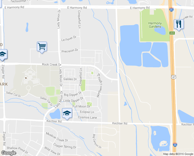 map of restaurants, bars, coffee shops, grocery stores, and more near 5139 Northern Lights Drive in Fort Collins