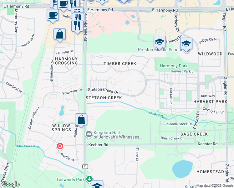 map of restaurants, bars, coffee shops, grocery stores, and more near 5139 Trappers Creek Court in Fort Collins