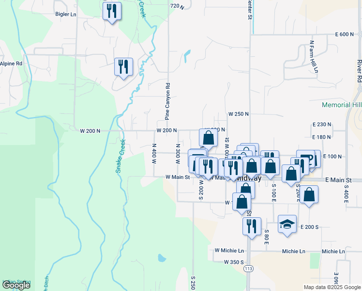 map of restaurants, bars, coffee shops, grocery stores, and more near 192 North 300 West in Midway