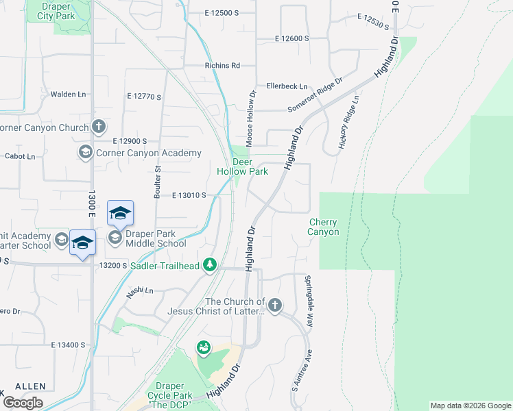 map of restaurants, bars, coffee shops, grocery stores, and more near 1733 Mountain Crest Drive in Draper