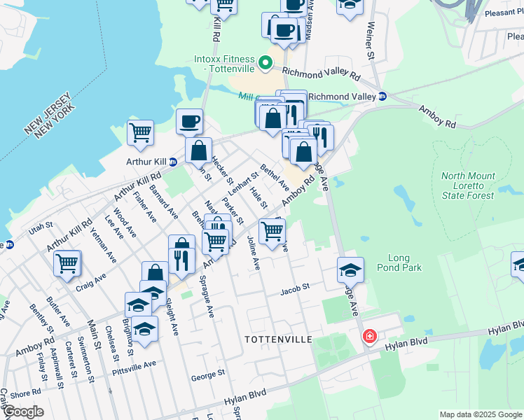 map of restaurants, bars, coffee shops, grocery stores, and more near 19 Hale Street in Staten Island