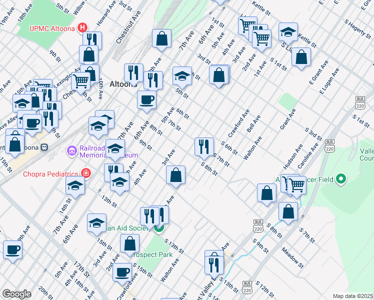 map of restaurants, bars, coffee shops, grocery stores, and more near 716 3rd Avenue in Altoona