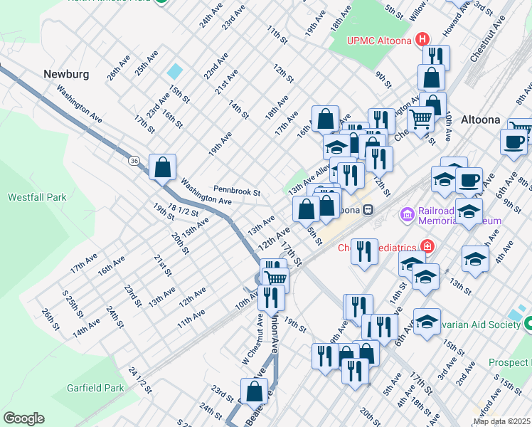 map of restaurants, bars, coffee shops, grocery stores, and more near 1321 16th St in Altoona