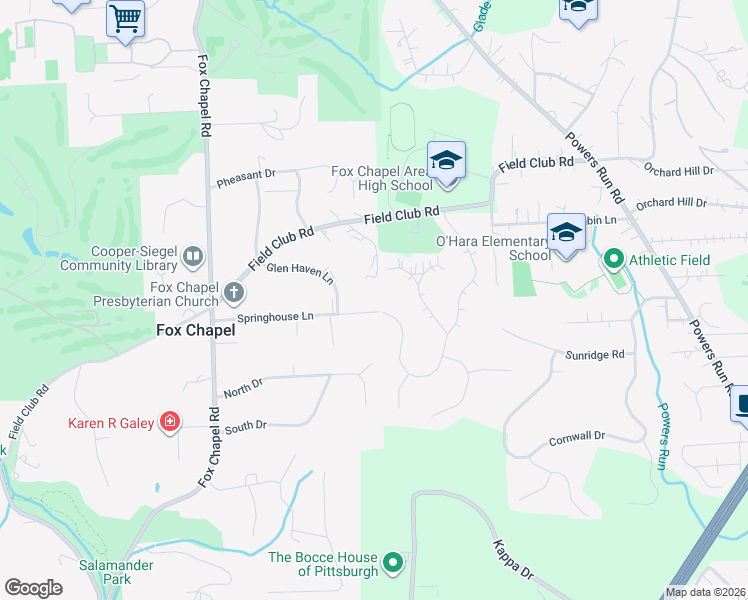 map of restaurants, bars, coffee shops, grocery stores, and more near 108 Foxtop Drive in Pittsburgh