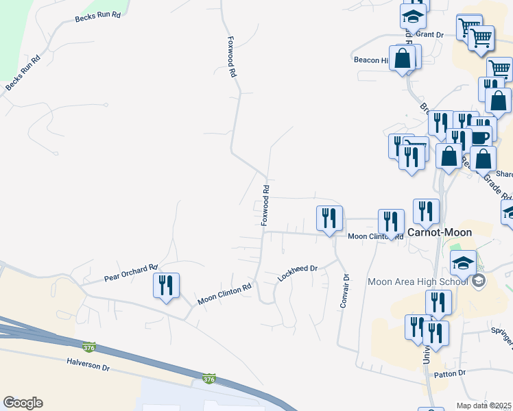 map of restaurants, bars, coffee shops, grocery stores, and more near 124 Foxwood Road in Coraopolis