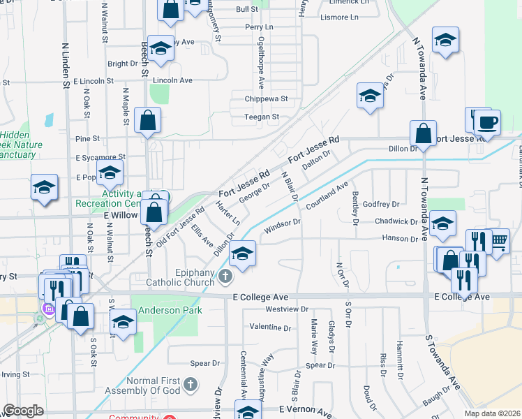 map of restaurants, bars, coffee shops, grocery stores, and more near 1207 George Drive in Normal