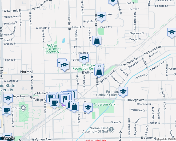 map of restaurants, bars, coffee shops, grocery stores, and more near 401-405 East Cypress Street in Normal