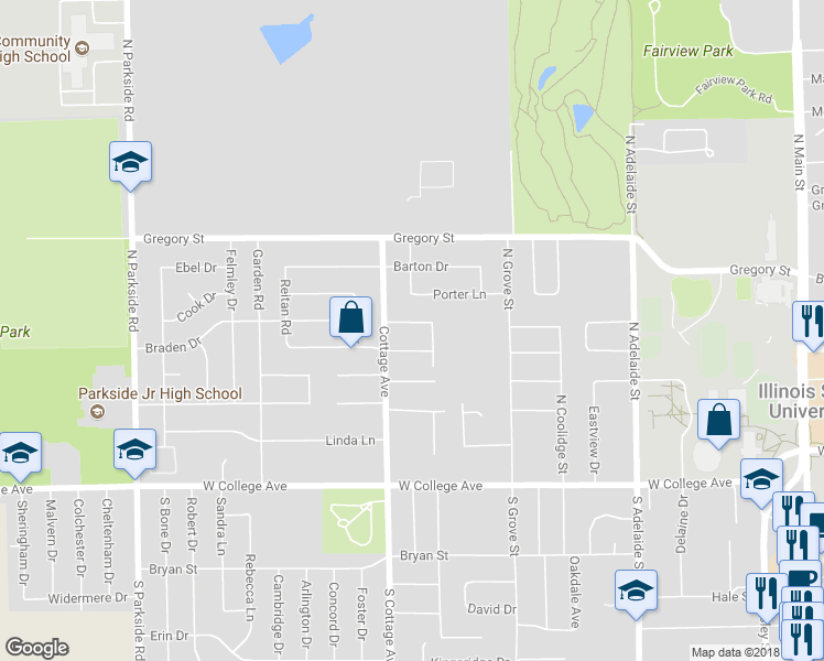 map of restaurants, bars, coffee shops, grocery stores, and more near 1505 Hancock Drive in Normal