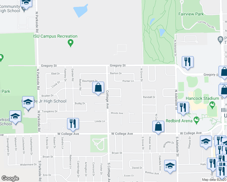map of restaurants, bars, coffee shops, grocery stores, and more near 1504 Hancock Drive in Normal